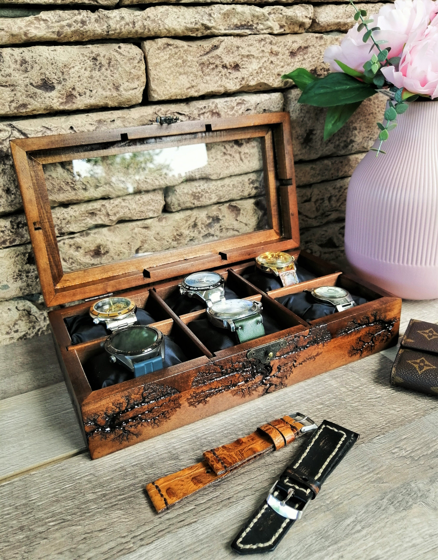 Wood Watch Box, Display Watch Case, Watch Organizer 6 Dividers, Luxury Gift for Men
