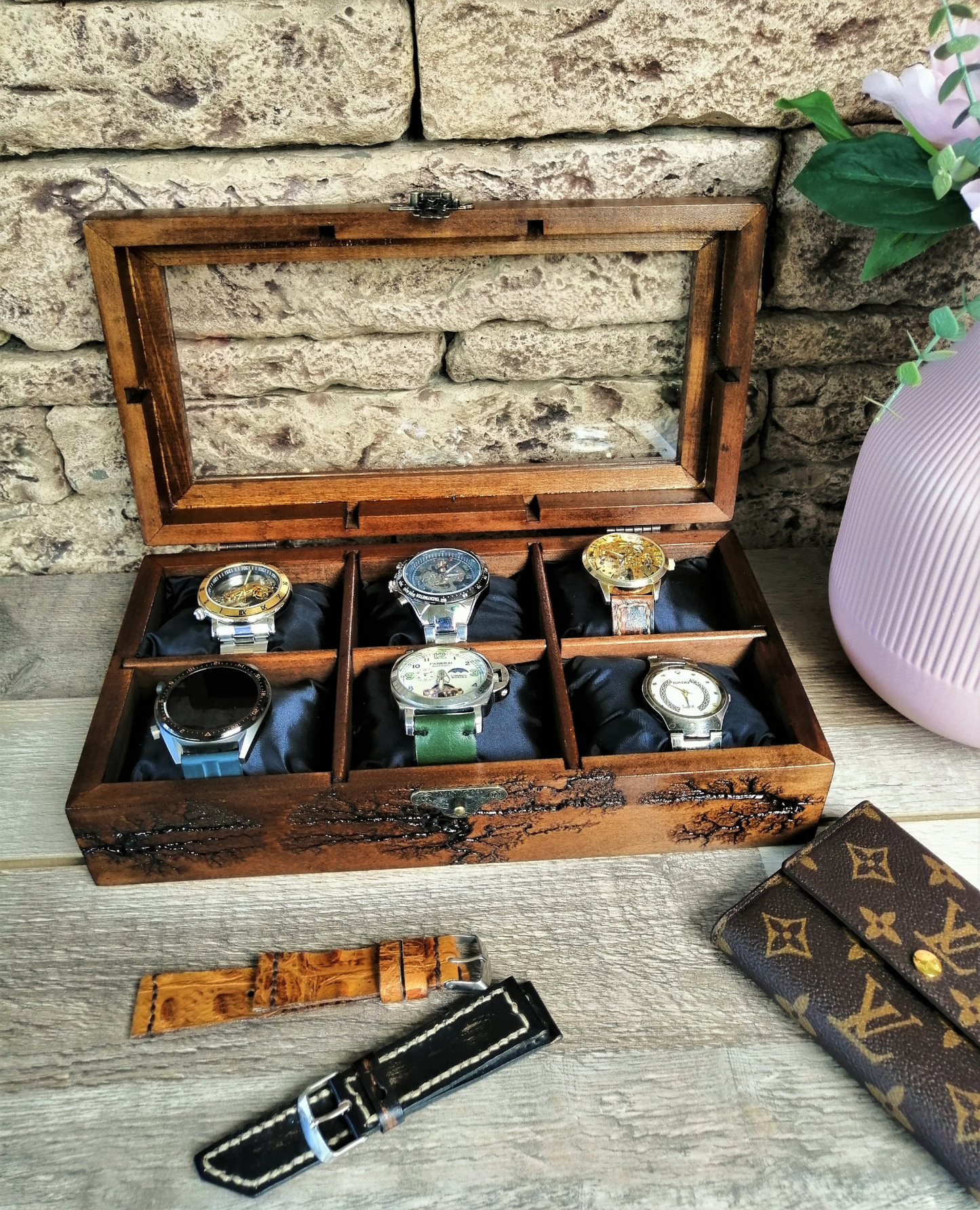 Wood Watch Box, Display Watch Case, Watch Organizer 6 Dividers, Luxury Gift for Men