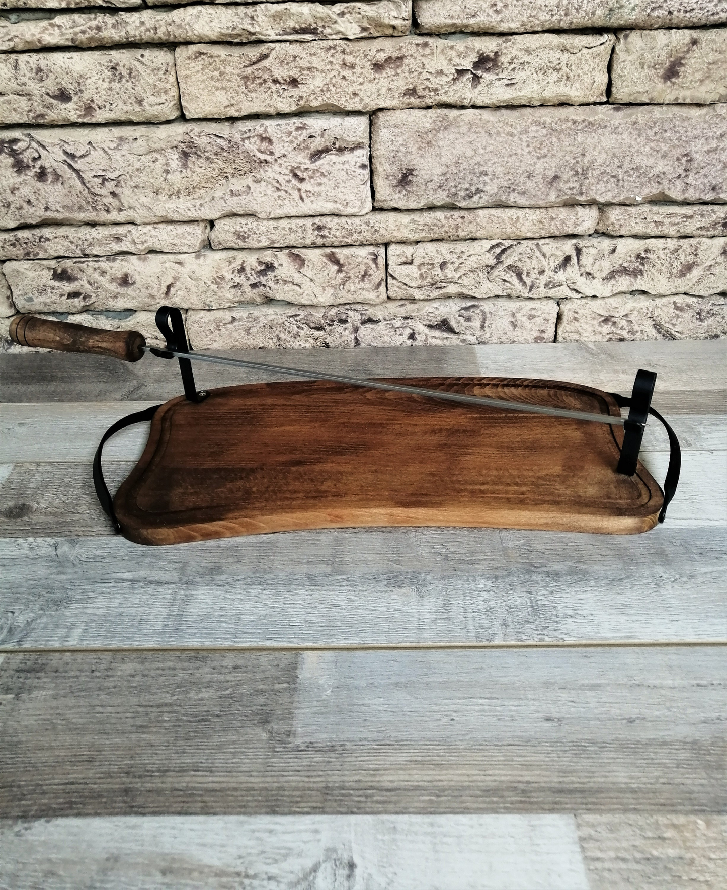 Wooden Tray with Handles for Barbecue, Iron Skewer with Wood Grip, Top Gift for Dad