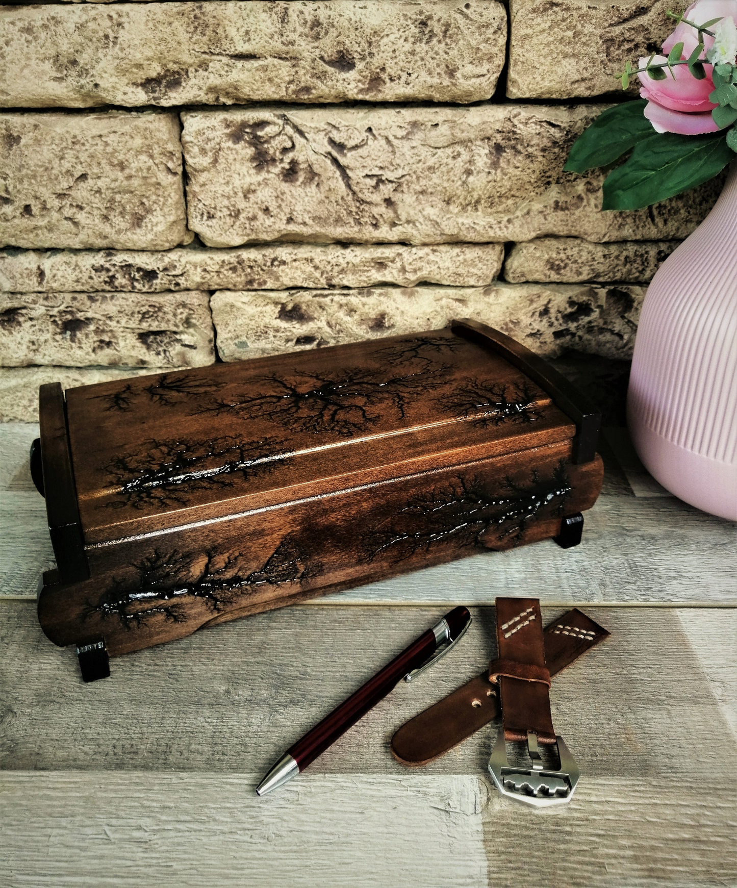 Watch Box Lichtenberg Figure, Watch Case Organizer with 4 Divider Slots