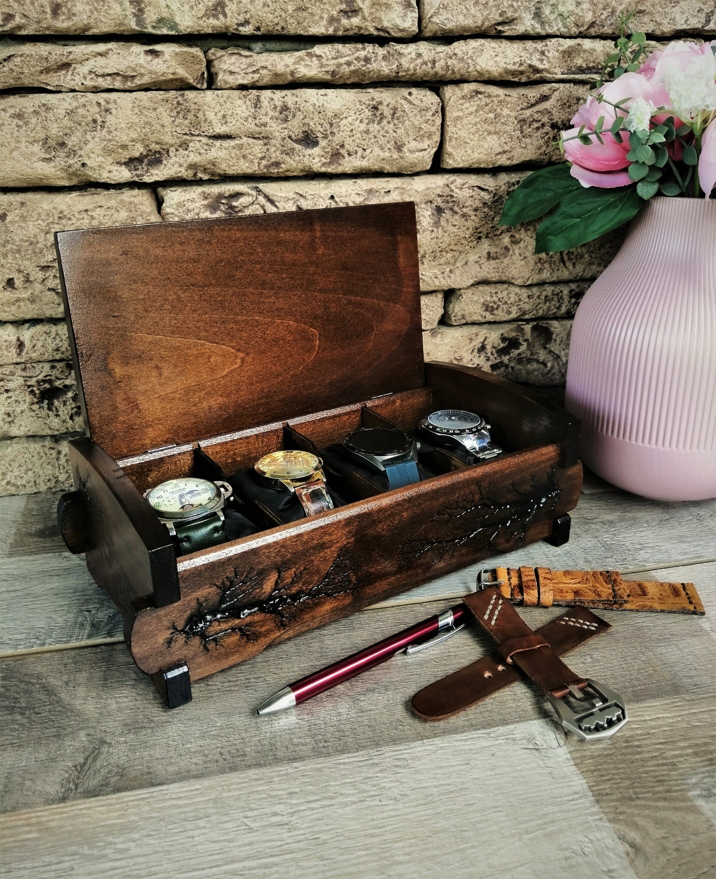 Watch Box Lichtenberg Figure, Watch Case Organizer with 4 Divider Slots