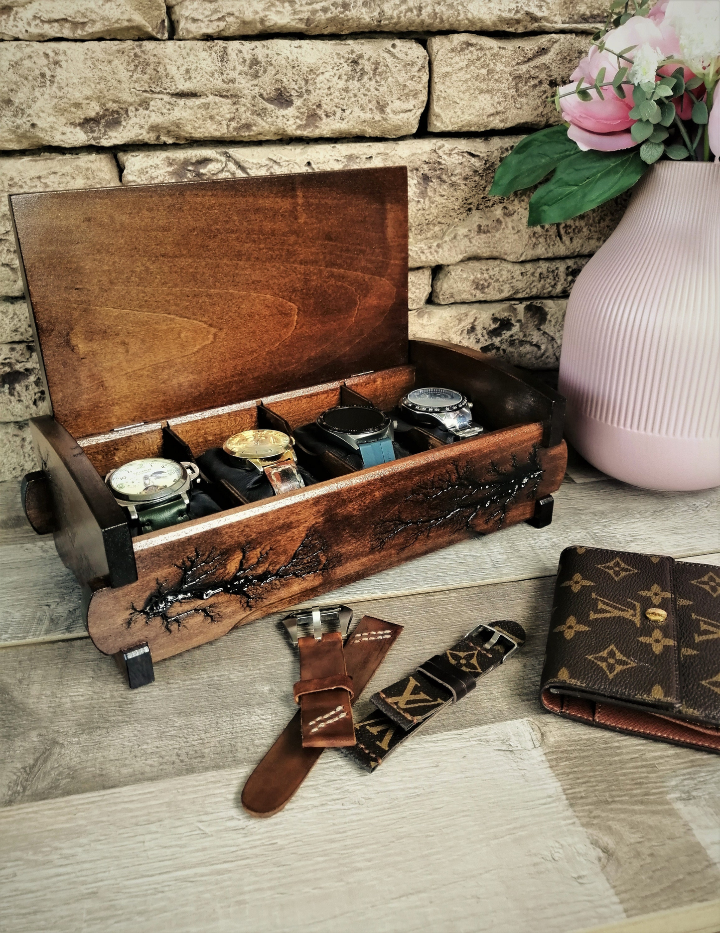 Watch Box Lichtenberg Figure, Watch Case Organizer with 4 Divider Slots