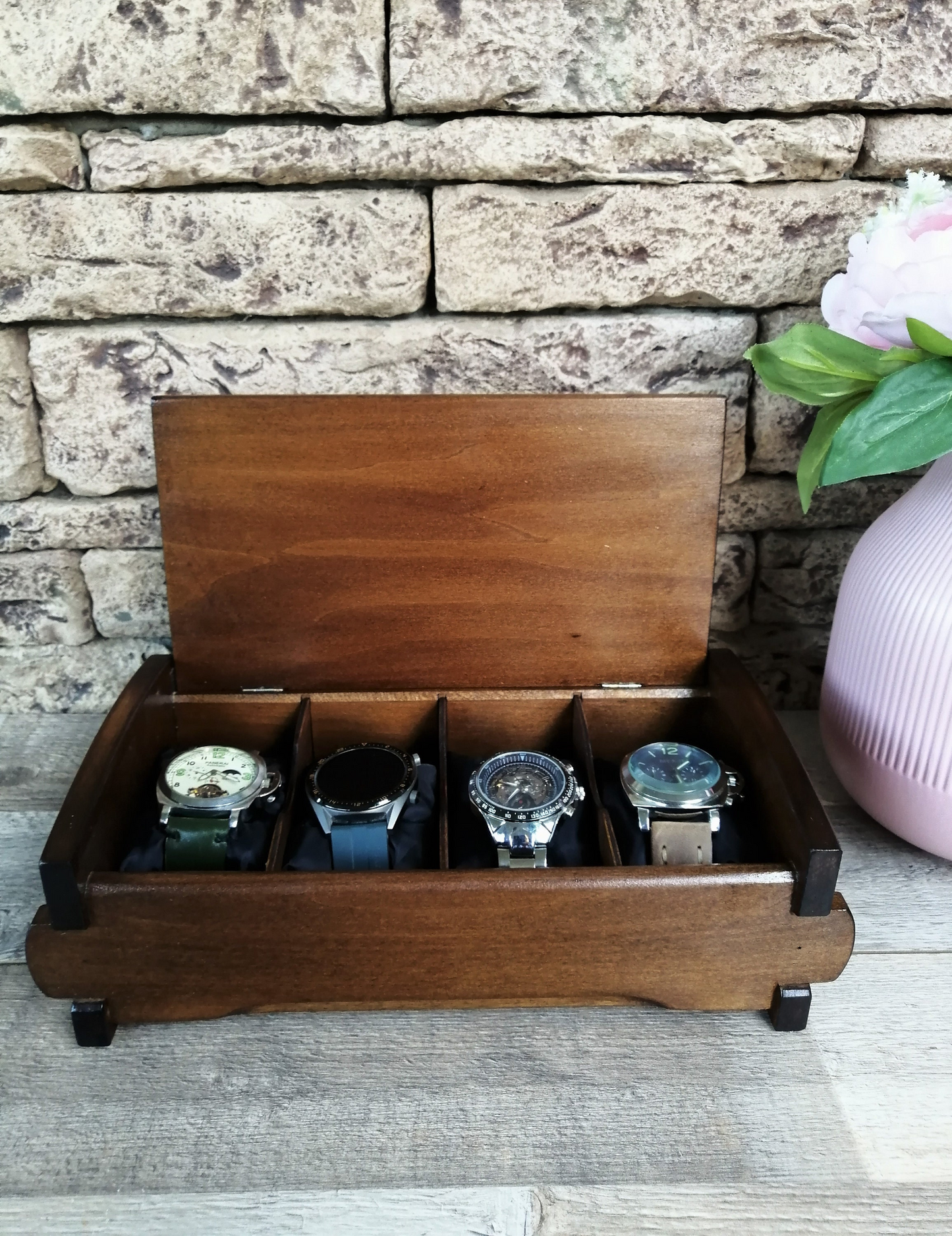 Wood Watch Box Handmade, Watch Organizer 4 Compartments, Birthday Husband Gift