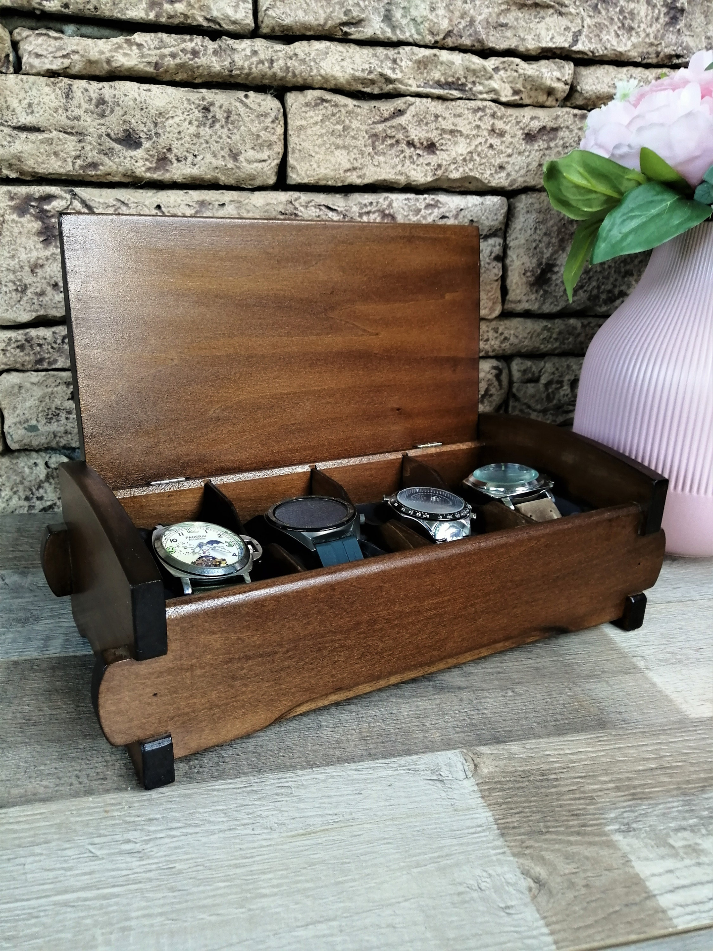 Wood Watch Box Handmade, Watch Organizer 4 Compartments, Birthday Husband Gift