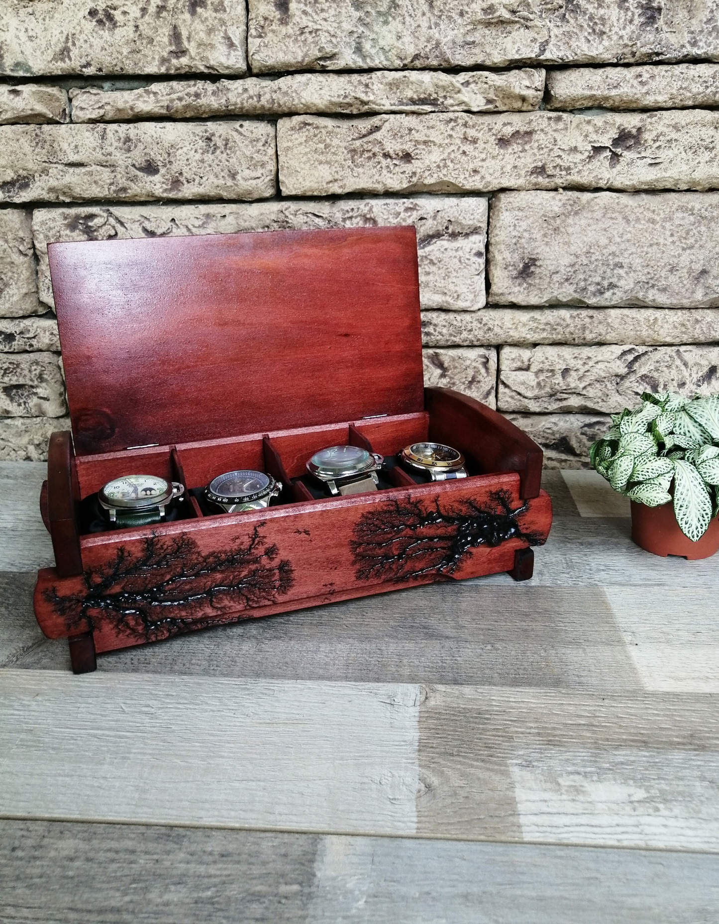 Wood Watch Box Organizer, Personalized Watch Storage 4 Slots, Watch Box Gift for Dad