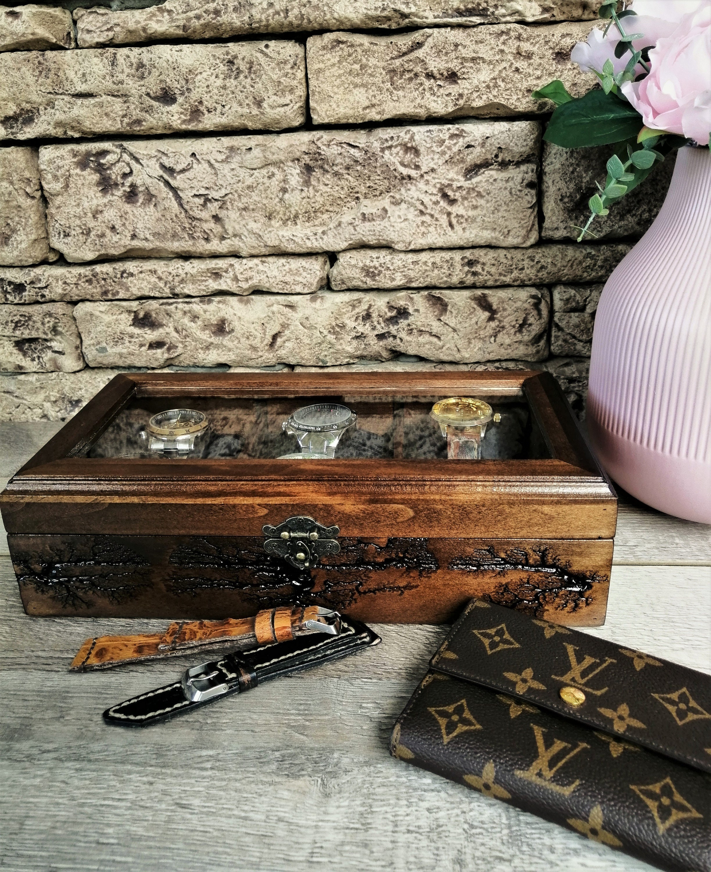 Watch Box Glass Display, Handmade Watch Case 6 Slots, Lichtenberg Wood Box, Boyfriend Birthday Gift