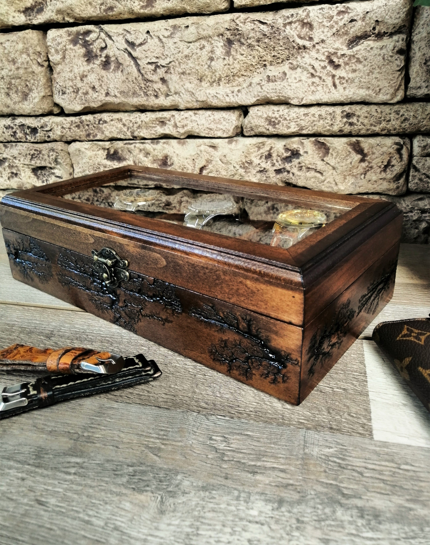 Watch Box Glass Display, Handmade Watch Case 6 Slots, Lichtenberg Wood Box, Boyfriend Birthday Gift