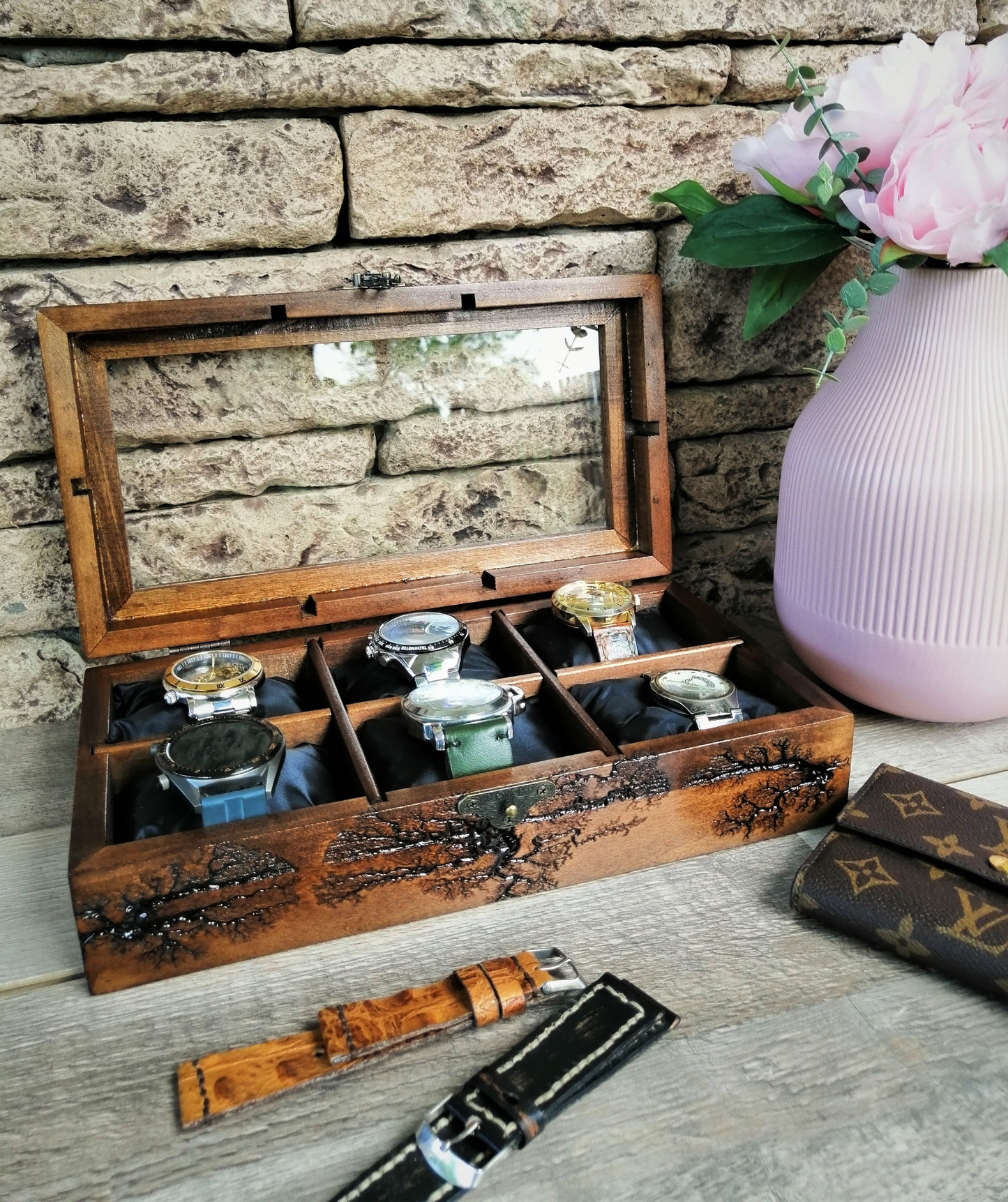 Watch Box Glass Display, Handmade Watch Case 6 Slots, Lichtenberg Wood Box, Boyfriend Birthday Gift