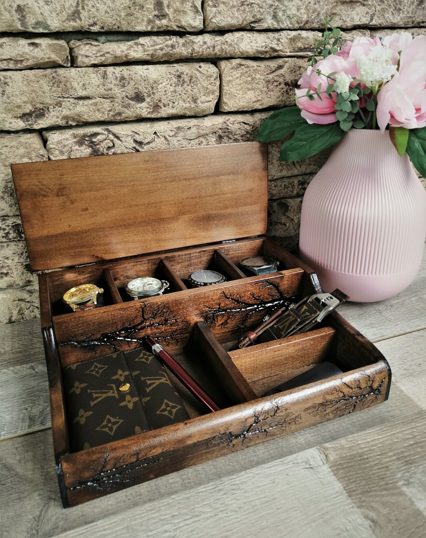 Mens Watch and Jewelry Organizer, luxury box for 4 watches, Gifts Ideas for Men