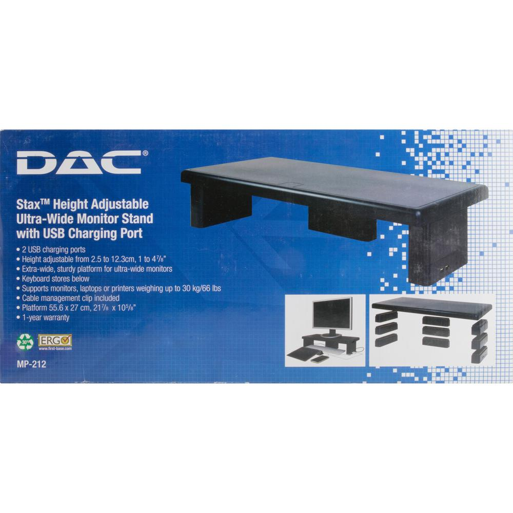 DAC Stax Ergonomic Height Adjustable Ultra Wide Monitor Stand - 66 lb Load Capacity - 4.8" Height x 22" Width x 10.5" Depth - Plastic - Black - TAA Compliant