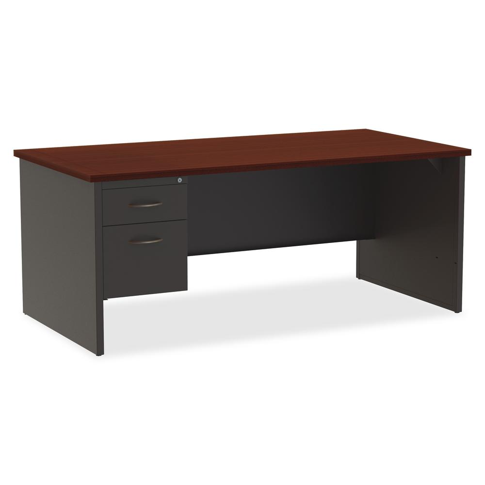 Lorell Mahogany Laminate/Charcoal Modular Desk Series Pedestal Desk - 2-Drawer - 72" x 36" , 1.1" Top - 2 x Box, File Drawer(s) - Single Pedestal on Left Side - Material: Steel - Finish: Mahogany Lami