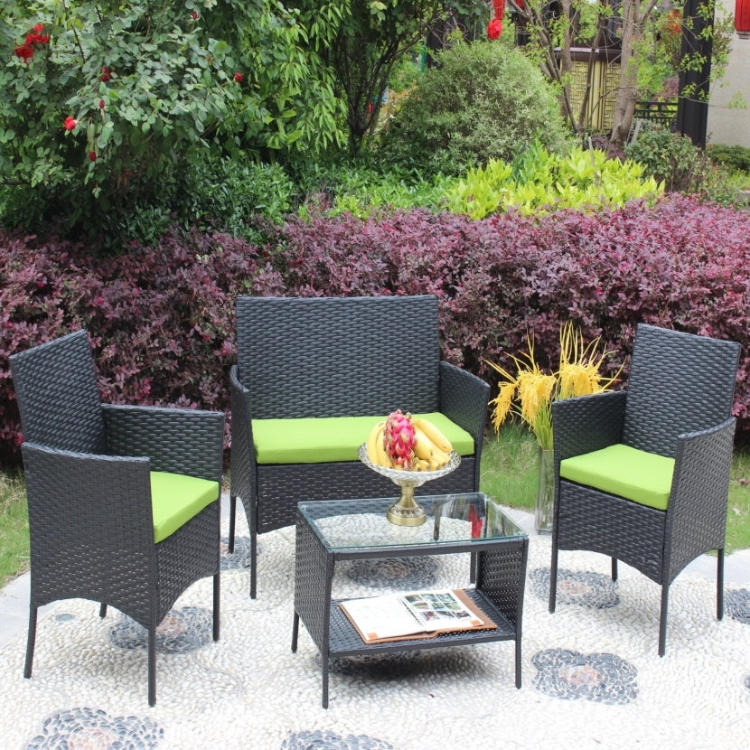 4PC Rattan Patio Furniture Set Outdoor Wicker Sofa W Green Cushions