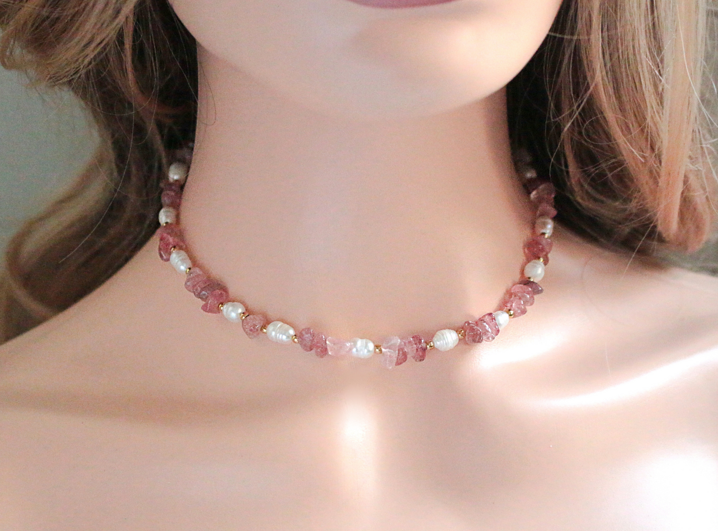 "Luau Party" | Natural Strawberry Quartz Crystal & Freshwater Pearls Choker
