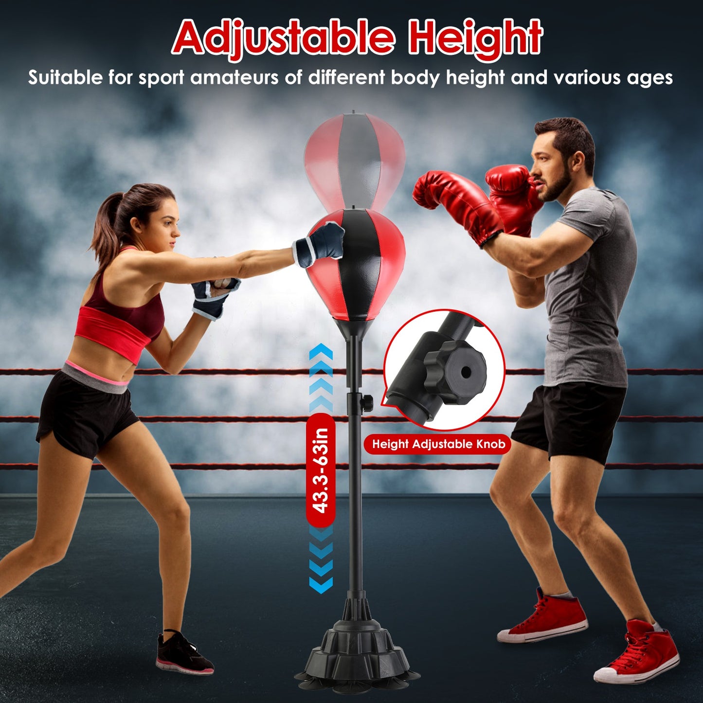 Punching Bag With Stand Free Standing Boxing Ball For Adults 43.3-63in Height Adjustable Boxing Bag With Gloves Wrist Sleeves Stable Suction Base For Fitness Speed Training