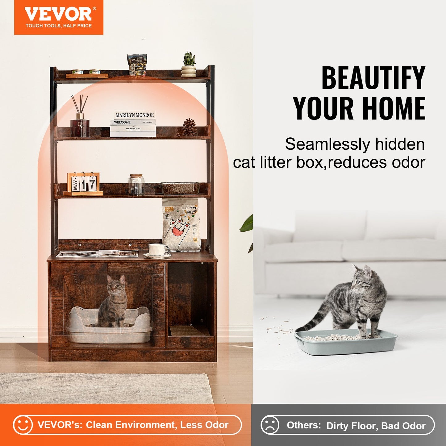 Cat Litter Box Enclosure Wooden Litter Box Furniture Hidden With 3 Shelves