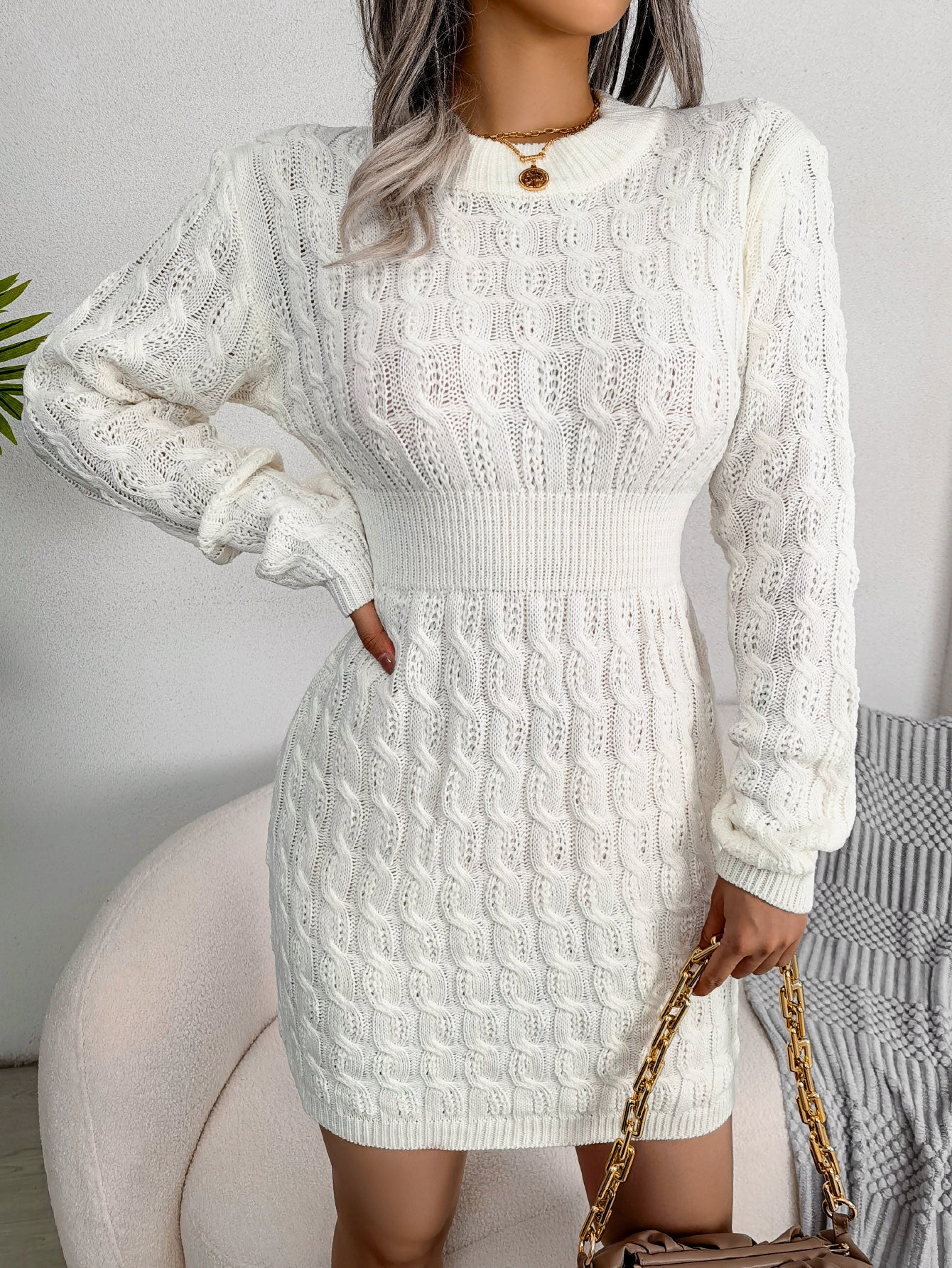 Casual Cable Knit Waist Cinched Bodycon Sweater Dress
