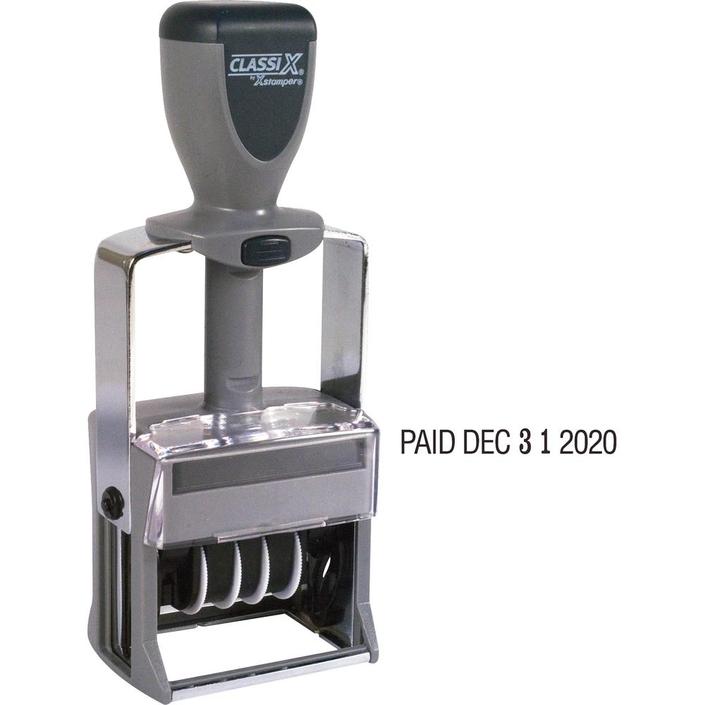 Xstamper Self-Inking 12 Phrase Dater - Message/Date Stamp - "REC'D, ANS'D, ENT'D, PAID, SHIPPED, CHARGED, CANCELLED, C.O.D., FILLED, FILED" - Black - Metal - 1 Each