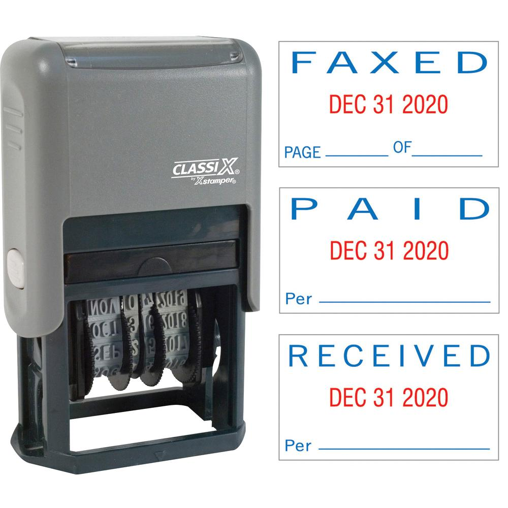Xstamper Self-Inking Paid/Faxed/Received Dater - Message/Date Stamp - "PAID, FAXED, RECEIVED" - 0.93" Impression Width - Blue, Red - Plastic Plastic - 1 Each