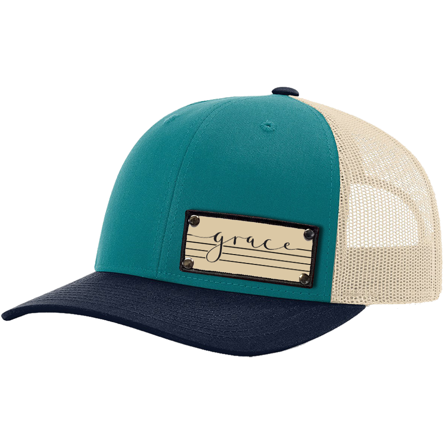 Grace on Cream Teal, Birch & Navy Trucker Hat
