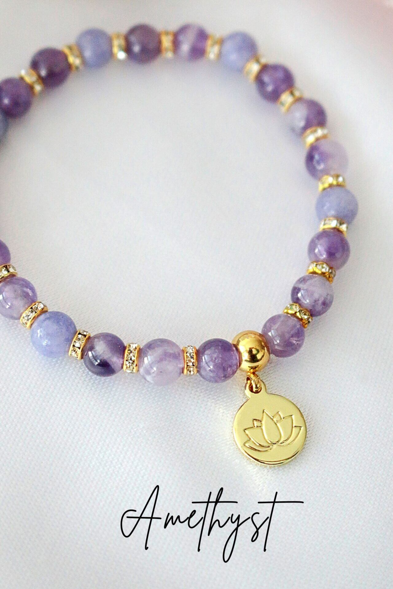 "Peace & Love" Rose Quartz - Amethyst Elastic Bracelet | 24K Lotus Flower Charm