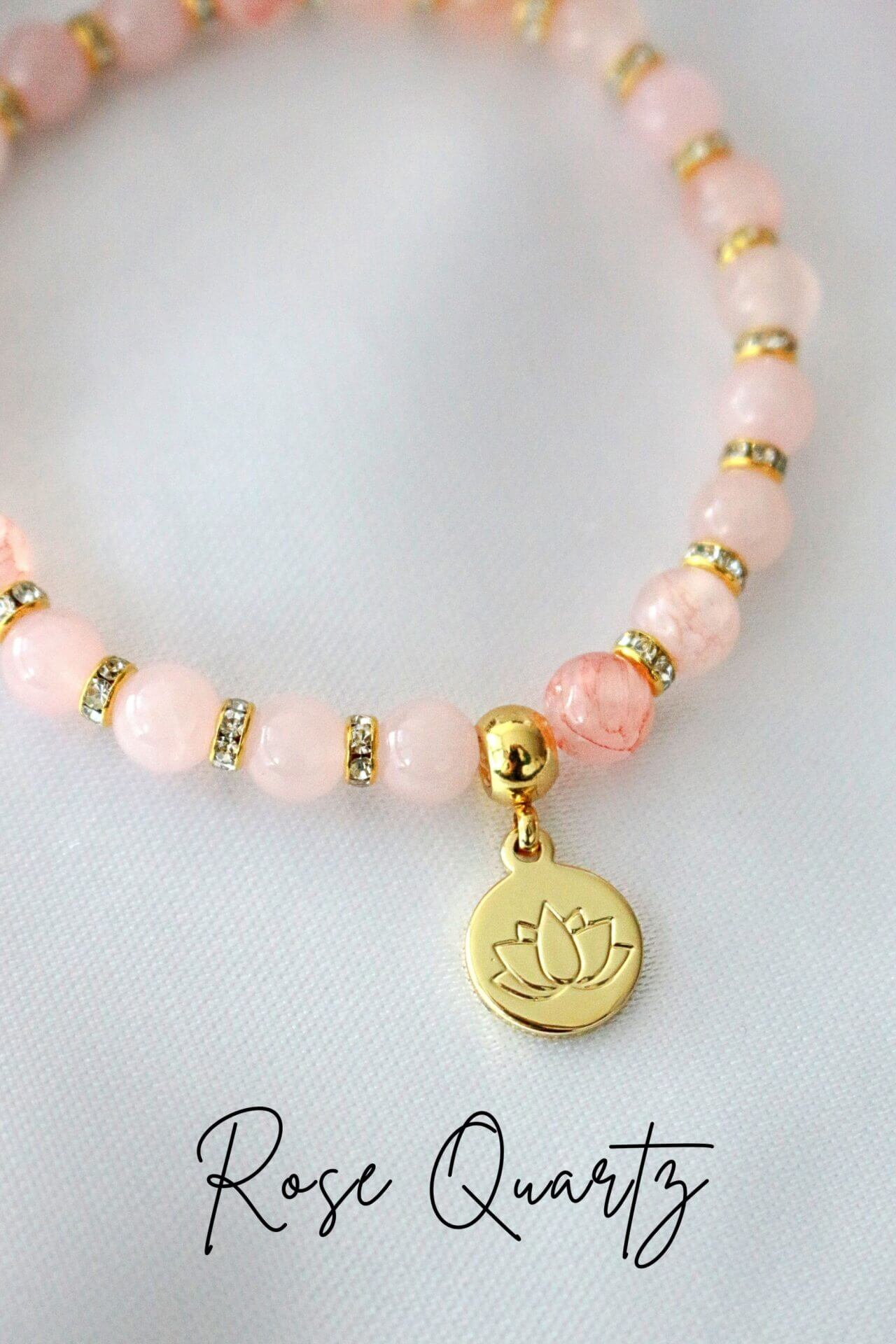 "Peace & Love" Rose Quartz - Amethyst Elastic Bracelet | 24K Lotus Flower Charm