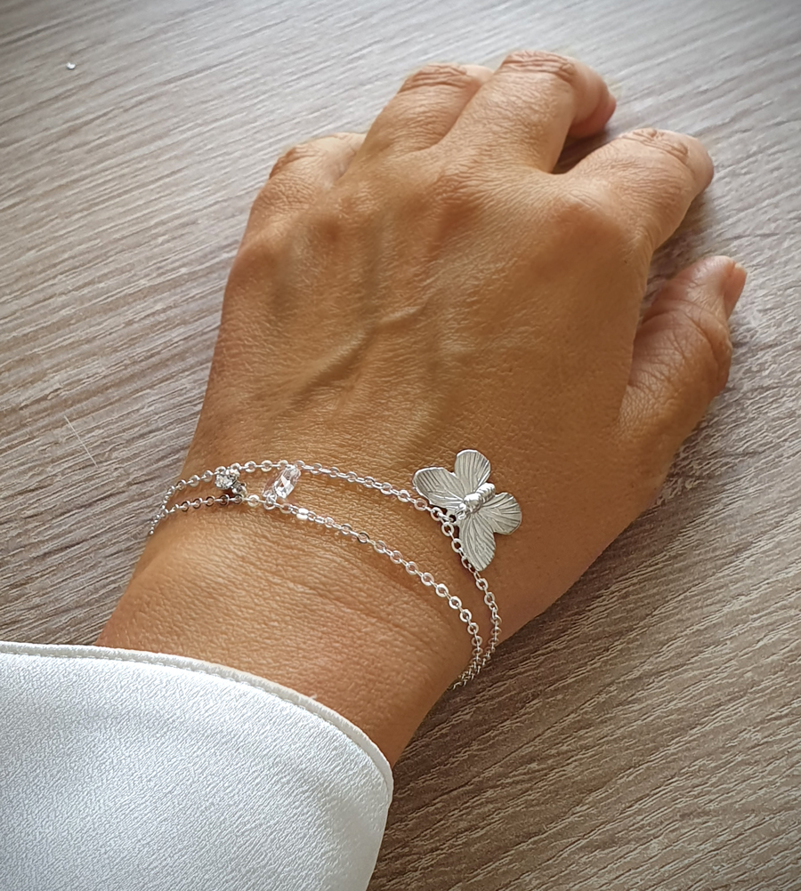 Silver double chain butterfly bracelet