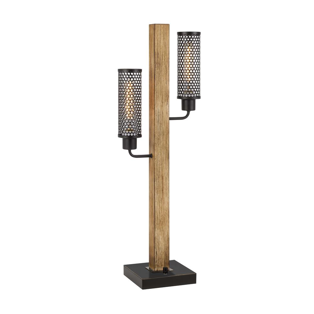 60W x 2 Lenox lantern style rubber wood / metal table lamp with mesh metal shades