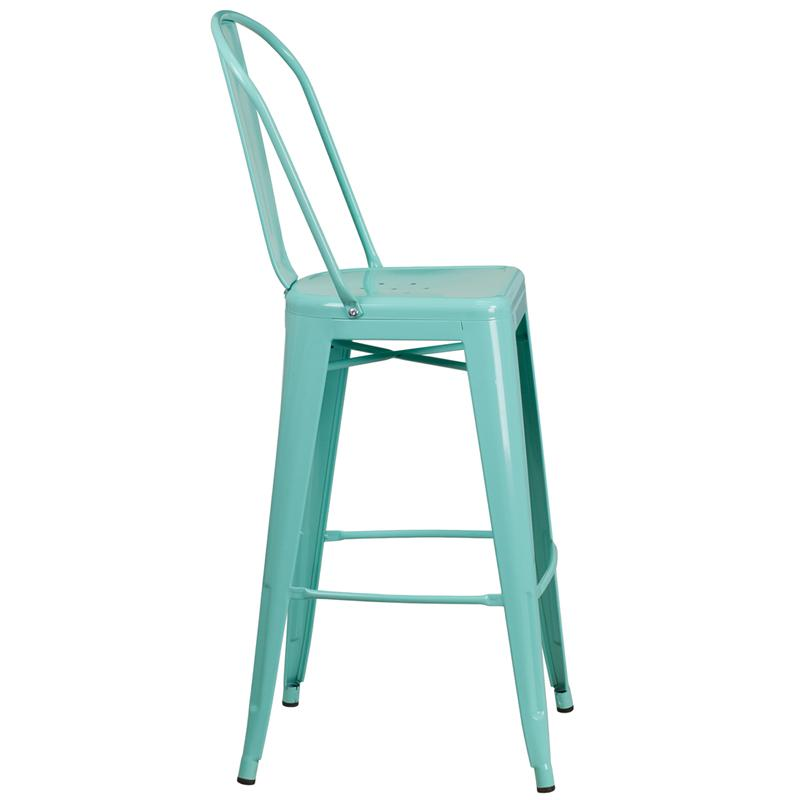 30" High Mint Green Metal Indoor-Outdoor Barstool with Back