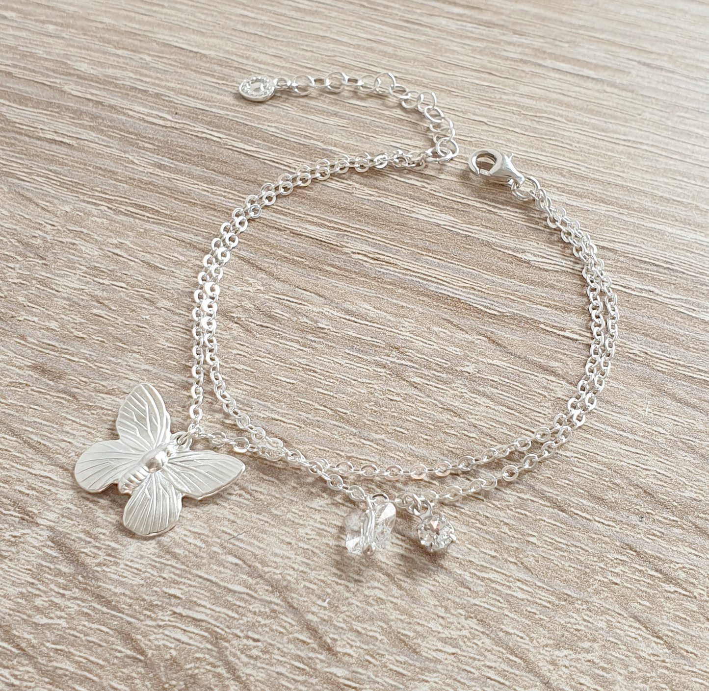 Silver double chain butterfly bracelet