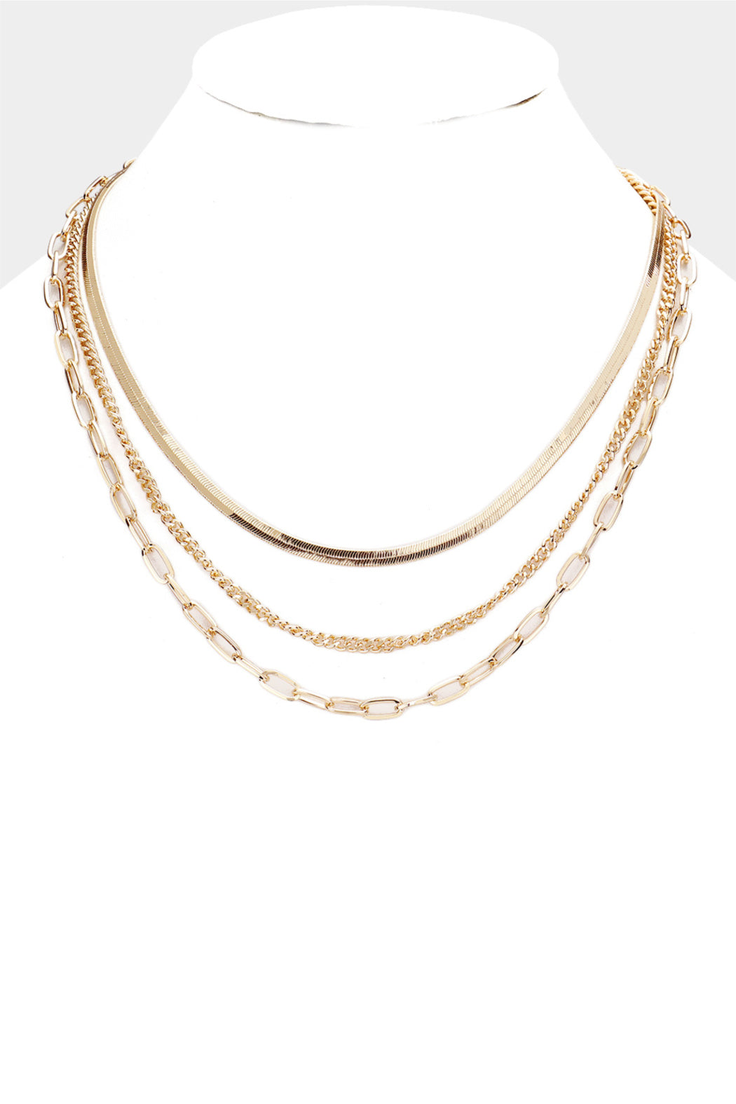 3 Layer Herringbone and Link Gold Necklace