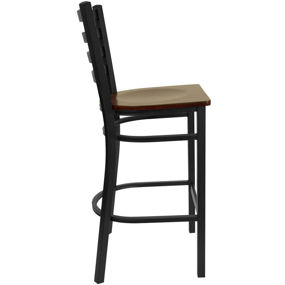 Black Ladder Back Metal Restaurant Barstool - Mahogany Wood Seat