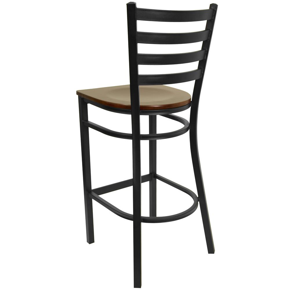 Black Ladder Back Metal Restaurant Barstool - Mahogany Wood Seat