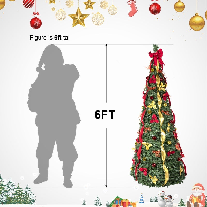 Prelit Full Pop Up Christmas Tree With Warm LED Lights, Gold And Red Ribbon, Bows, Balls Ornaments Easy Assemble Collapsible Xmas Trees Holiday Party Decor