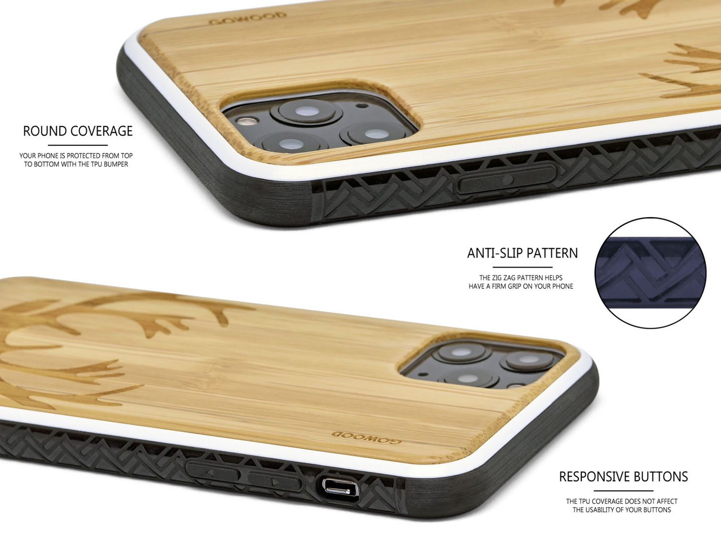 iPhone 11 Pro wood case deer engraved bamboo backside with TPU bumper
