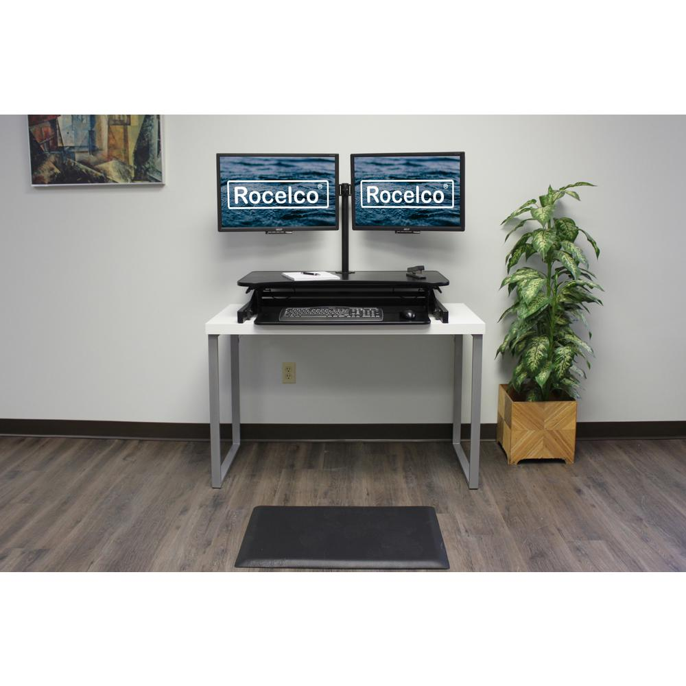 Rocelco 37.5" Deluxe Height Adjustable Standing Desk Converter with Dual Monitor Mount and Anti Fatigue Mat BUNDLE - Sit Stand Up Computer Workstation Riser - Keyboard Tray - Black (R DADRB-DM2-MAF)