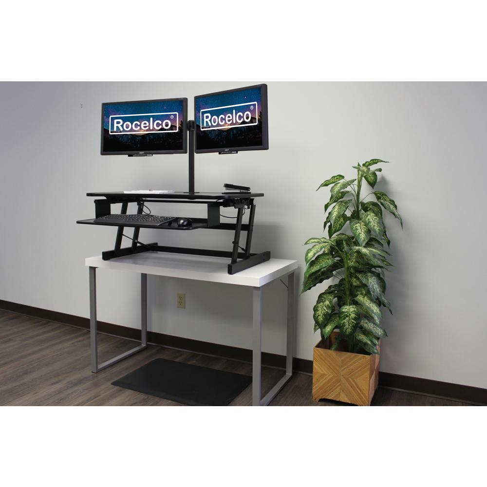 Rocelco 37.5" Deluxe Height Adjustable Standing Desk Converter with Dual Monitor Mount and Anti Fatigue Mat BUNDLE - Sit Stand Up Computer Workstation Riser - Keyboard Tray - Black (R DADRB-DM2-MAF)