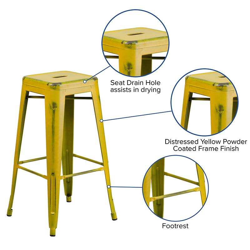 30" High Backless Distressed Yellow Metal Indoor-Outdoor Barstool