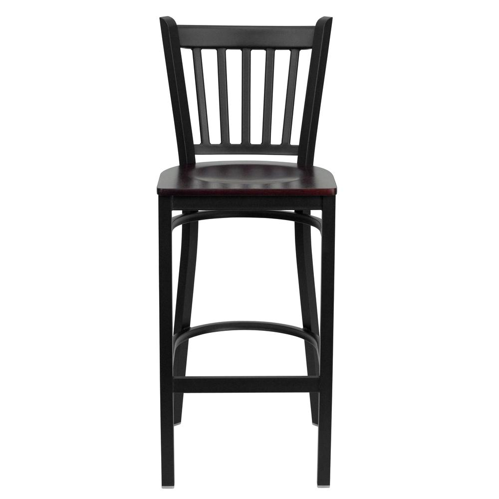 Black Vertical Back Metal Restaurant Barstool - Mahogany Wood Seat