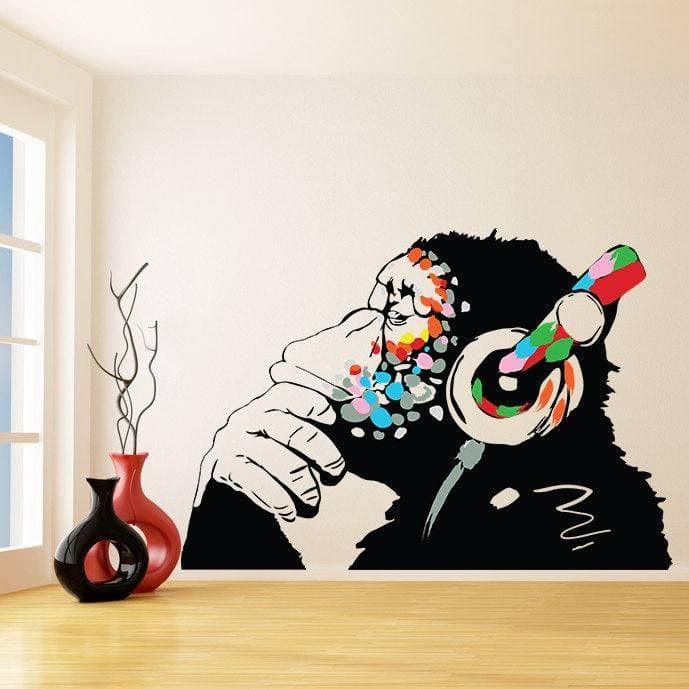 Banksy Thinking Monkey Sticker - Art Vinyl Street Dj Baksy Wall Decal - Headphones Chimp Music Thinker Graffiti Mural - Boy Smart Decals