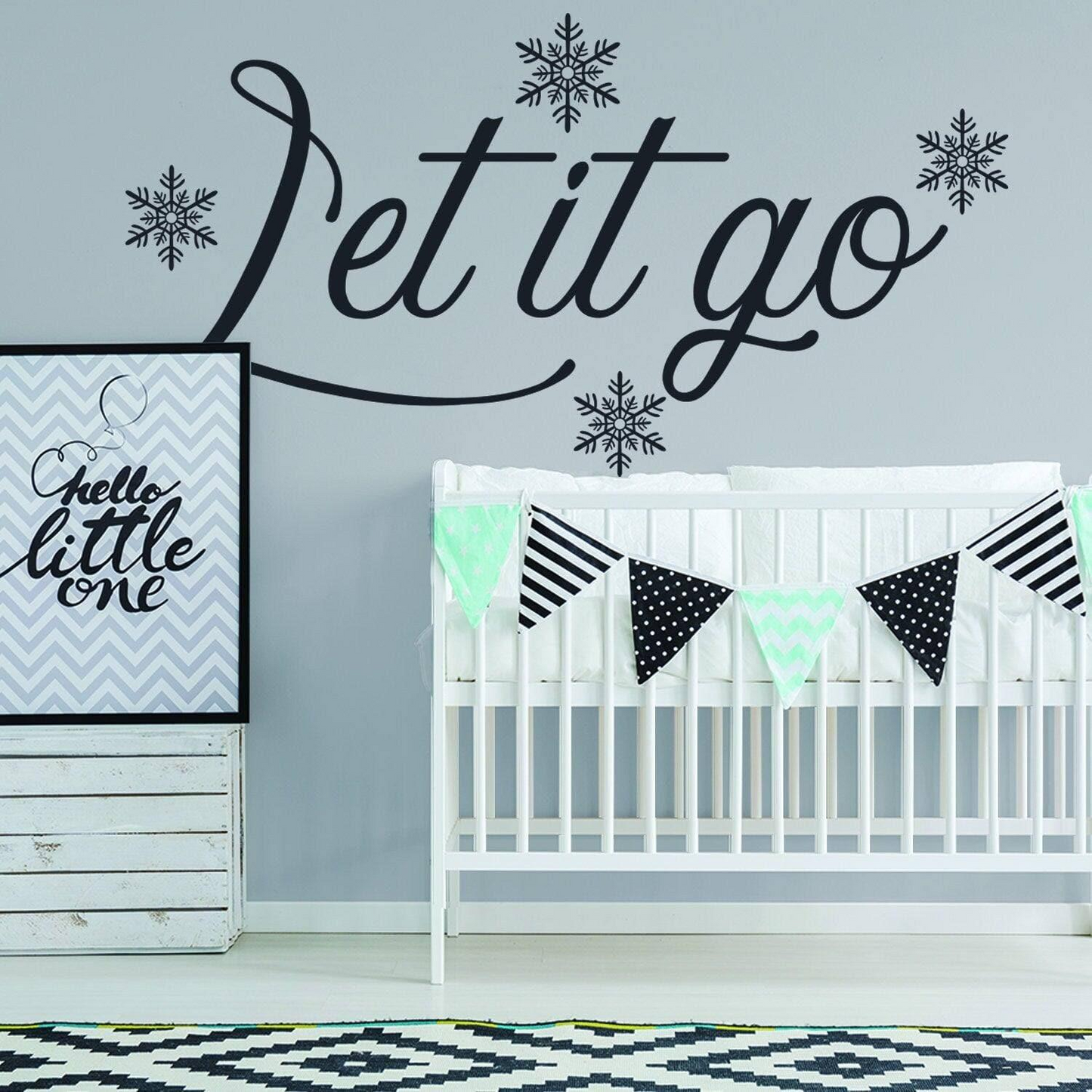 Let It Go Quote Wall Sticker - Positive Sayings Snowflakes God Family Time Decal - Become Frozen Lyric Girls And Kids Room Theme Cut Mural
