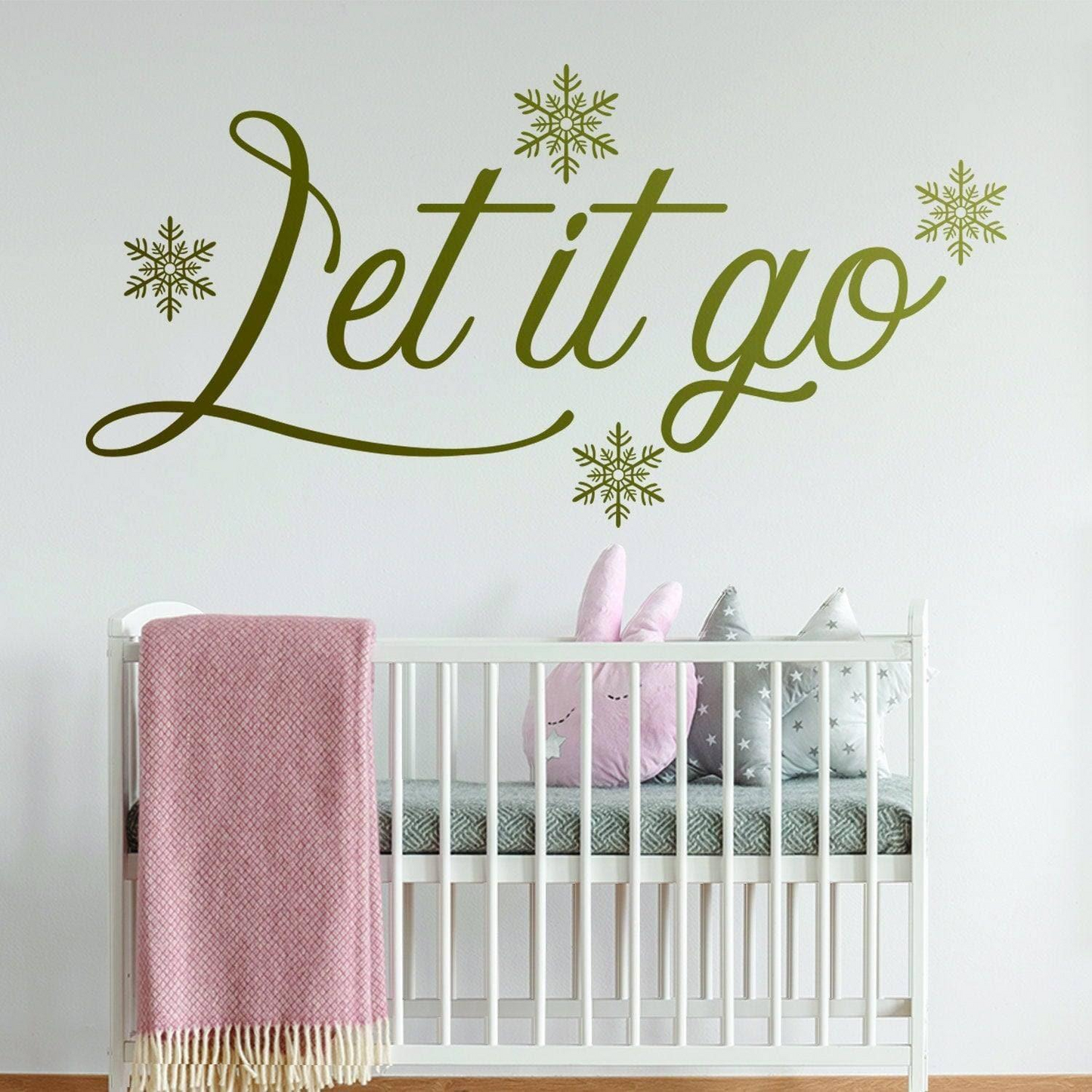 Let It Go Quote Wall Sticker - Positive Sayings Snowflakes God Family Time Decal - Become Frozen Lyric Girls And Kids Room Theme Cut Mural