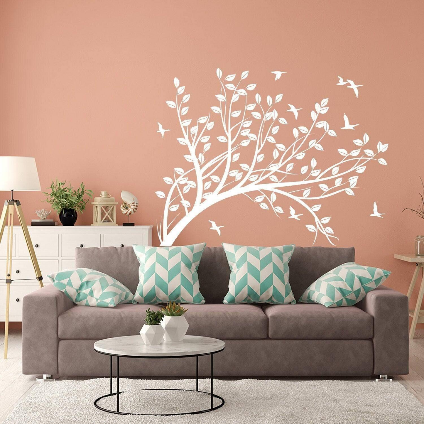 Branch Wall Tree Sticker Vinyl Decal - Bird Kids Room Decals - Girls Nursery Birds Flower Baby Art Mural - Leaves Decor Girl Removable Decal