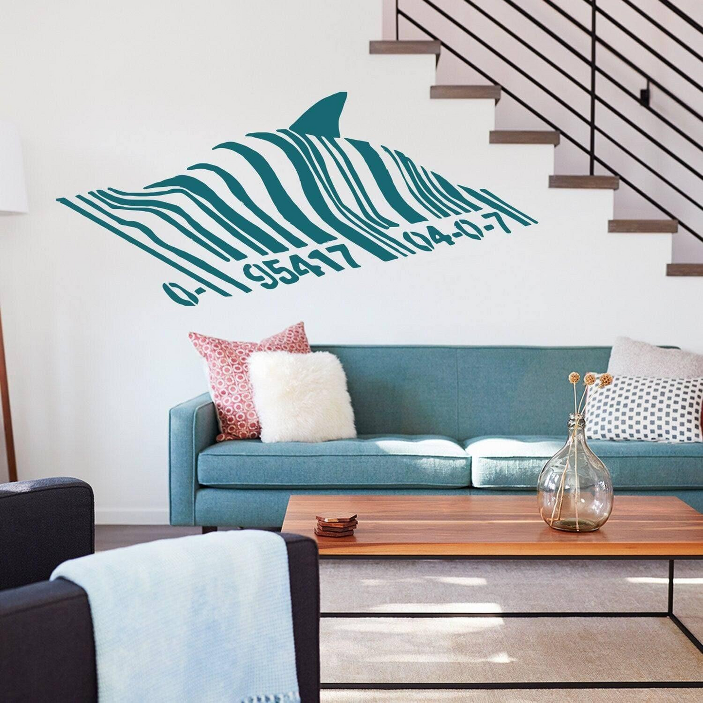 Banksy Barcode Shark Wall Sticker - Swimming Fish Under Bar Code Vinyl Decal - Graffiti Street Art Decor Removable Stickers Decals Deca