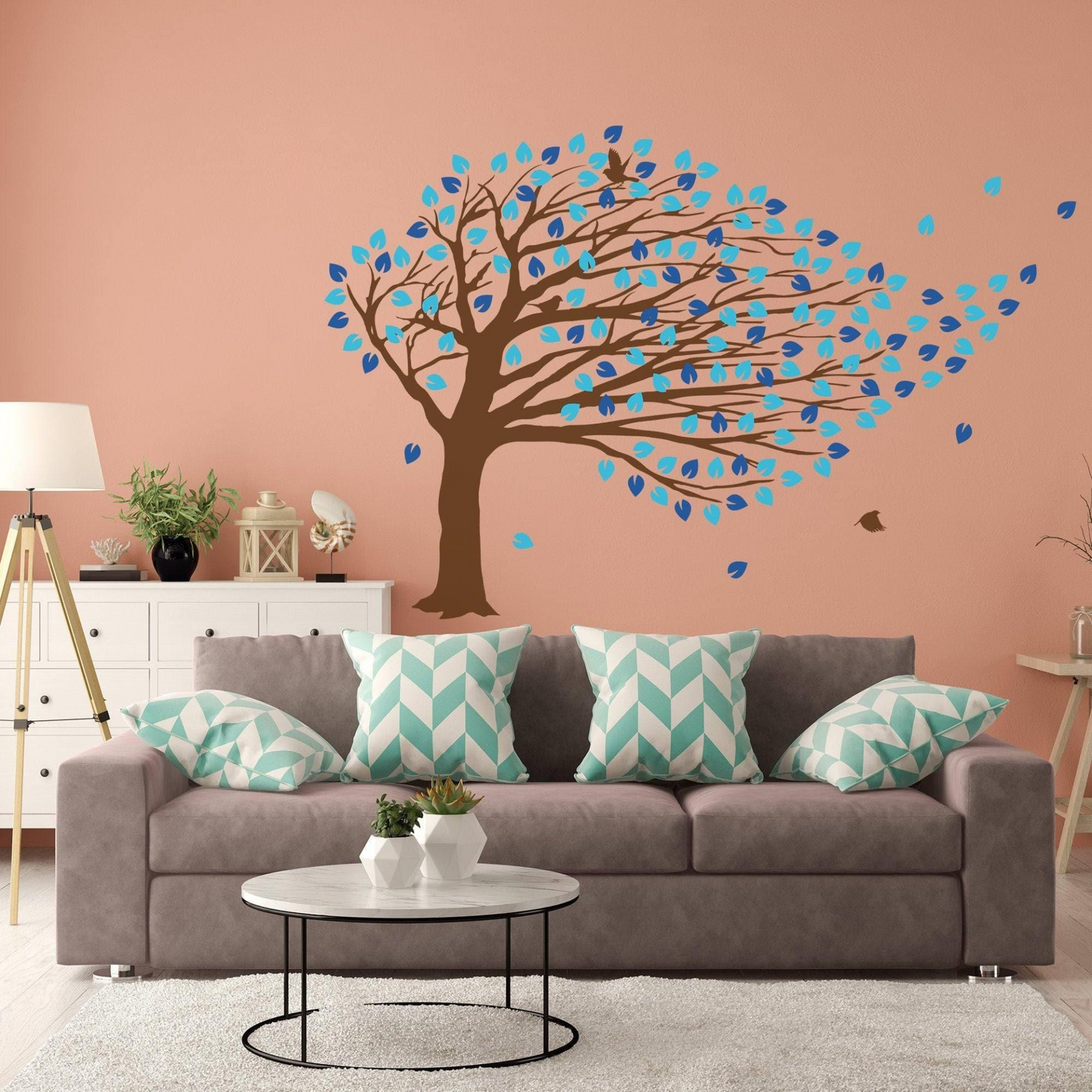 Windy Tree Wall Decal Vinyl Sticker - Nursery Art Decor Blossom Large Green Decals - Blowing Autumn Bending Swaying Baby Blown Stickers