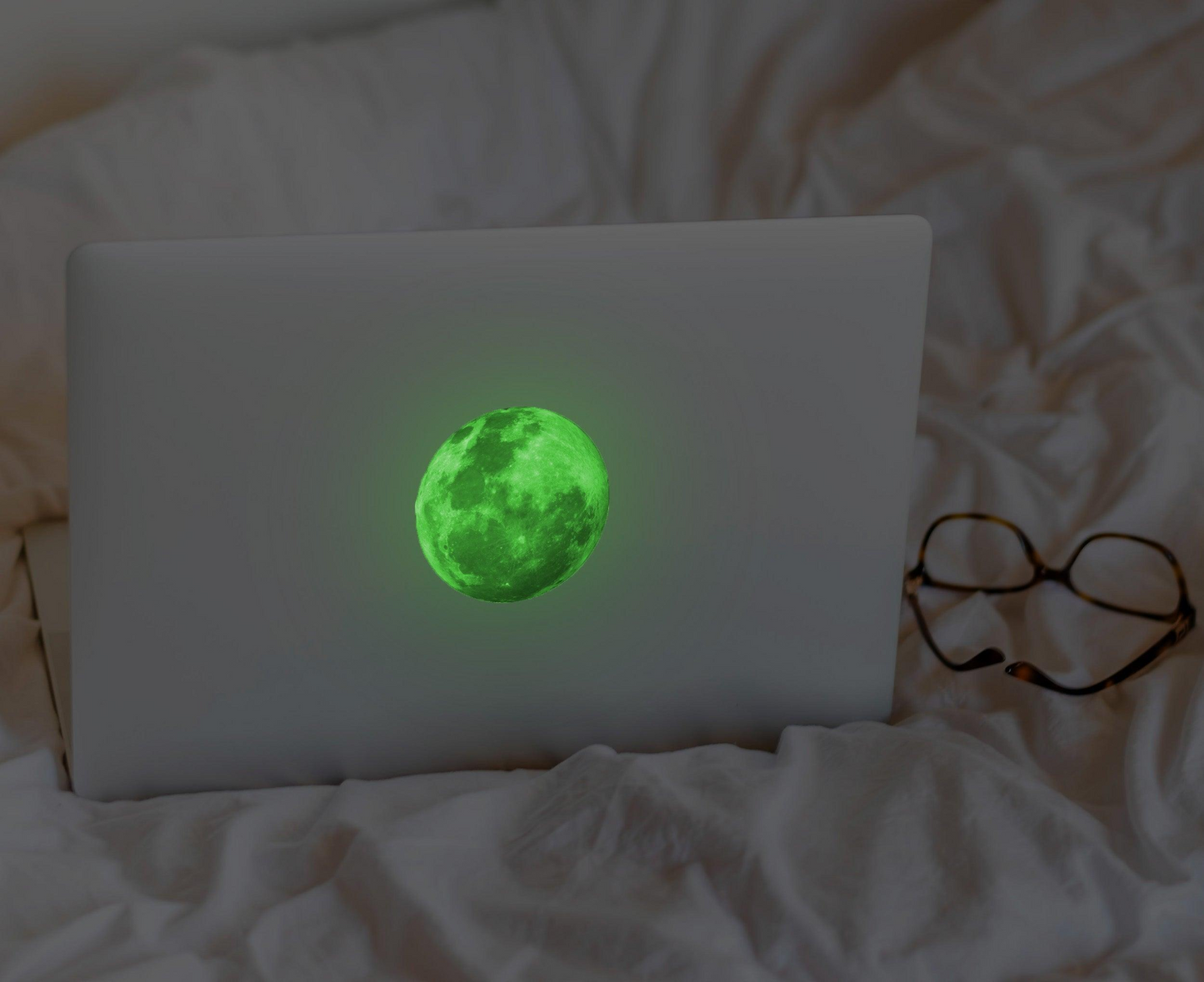 Glow in The Dark Laptop Vinyl Decal - Glowing Full Moon Sticker - NASA Nerd Moon Neon Green Light Stickers - Luminous Lunar Shine Decals