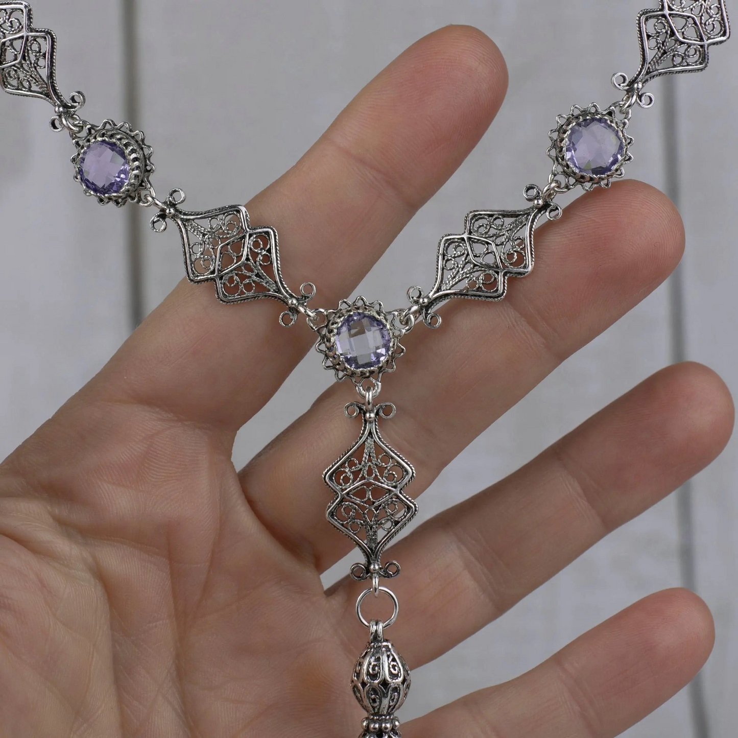 Sterling Silver Filigree Amethyst / Blue Topaz Tassel Choker Necklace