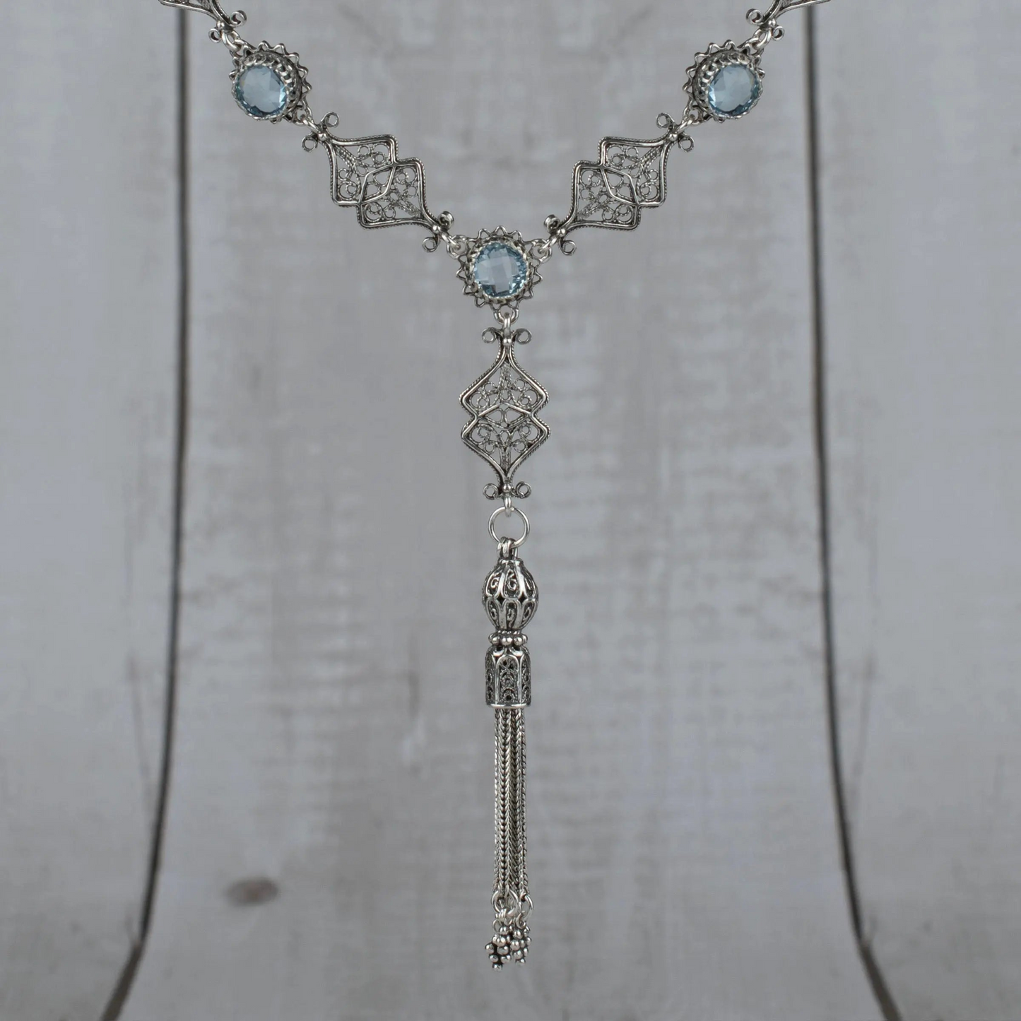 Sterling Silver Filigree Amethyst / Blue Topaz Tassel Choker Necklace