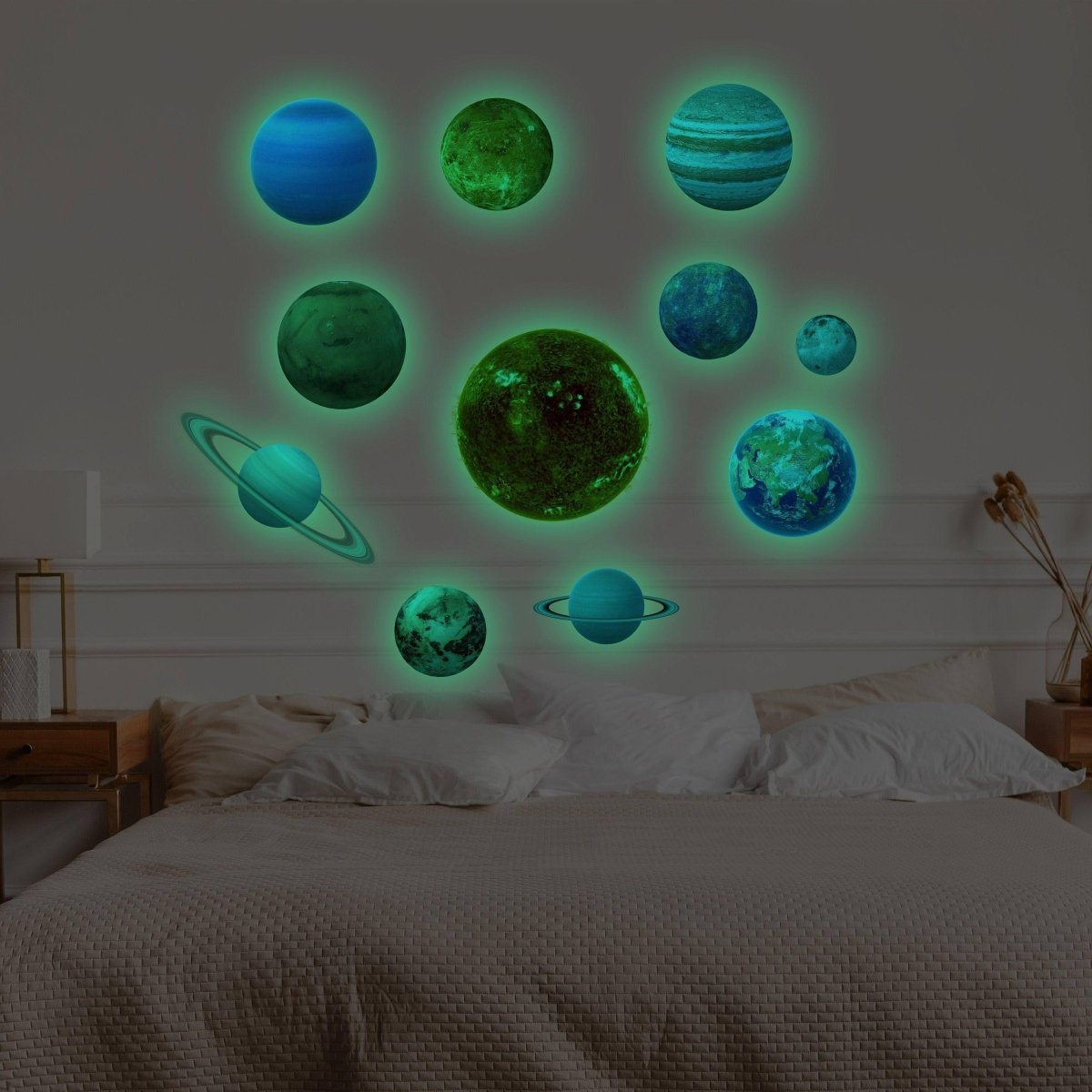 Glow In The Dark Planet Wall Decals - Solar System Glowing Sticker For Ceiling - Galaxy Kid Room Decor - 3d Outer Space Light Boy Decoration