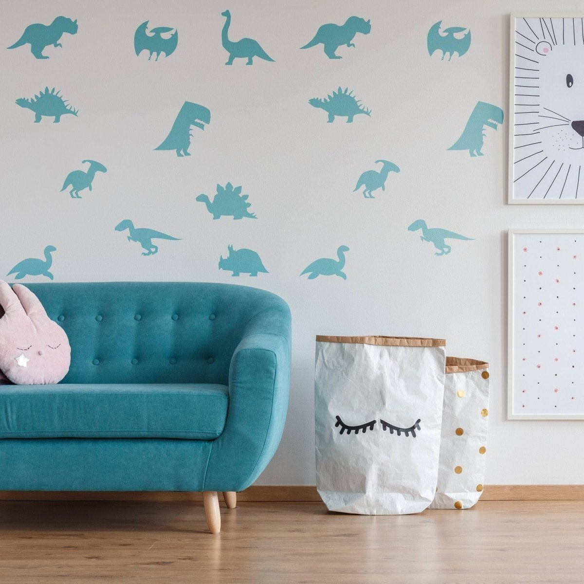40x Dinosaur Silhouette Wall Decal - Dino Nursery Baby Room Art Vinyl Decor Decals - Kids T Rex Boys Stickers - Black Gold Boy Sticker
