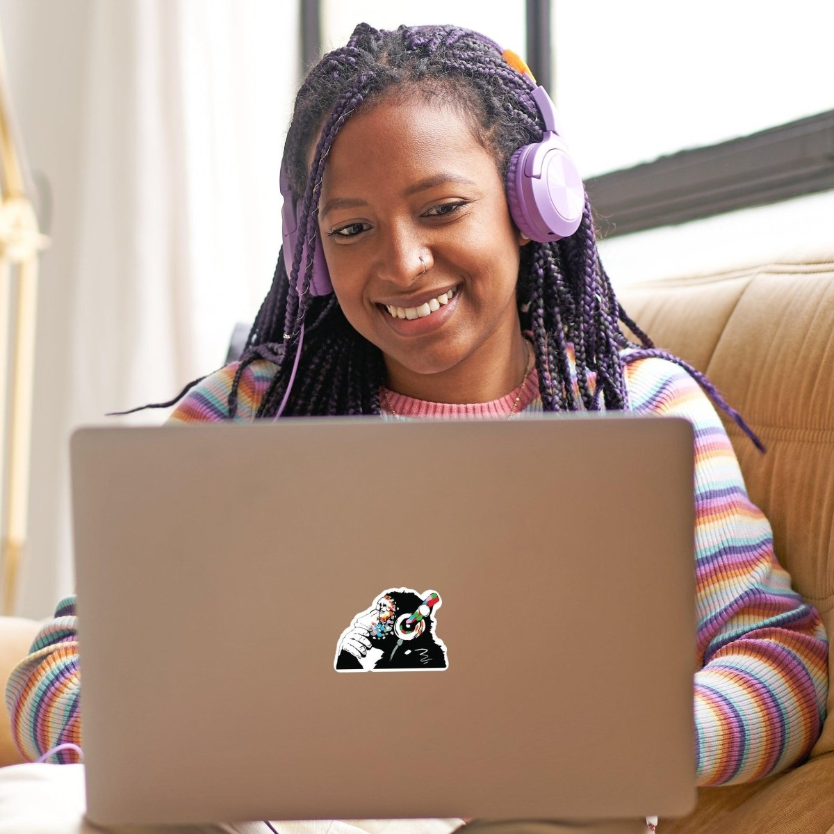 Monkey Laptop Vinyl Sticker - Music Graffiti Street Art Decal For Macbook - Chimp In Headphones Banksy Mural Gift - Thinking Dj Waterbottle